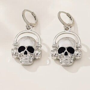 Skull Earrings With Headphones - Silver Tone Gothic Style Lightweight Punk-Inspi